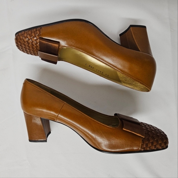 Yves Saint Laurent Woven Leather And Satin Bow Heels In Brown And Bronze Sz 6.5 - Picture 12 of 15